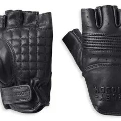 Coppia di guanti mezze dita in pelle nera, uno con trapuntatura a rombi, l'altro con perforazioni e logo Harley-Davidson.