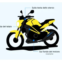 Schema di una moto gialla con indicazioni sul telaio, testa dello sterzo e motore.