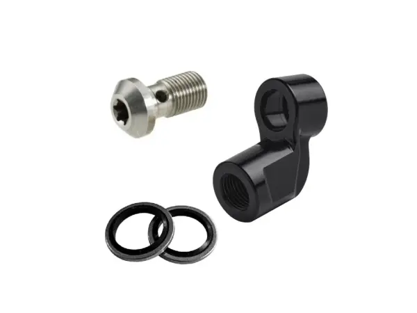Componenti per freni: vite banjo in metallo, adattatore nero e due rondelle. Utili per creare risers personalizzati.